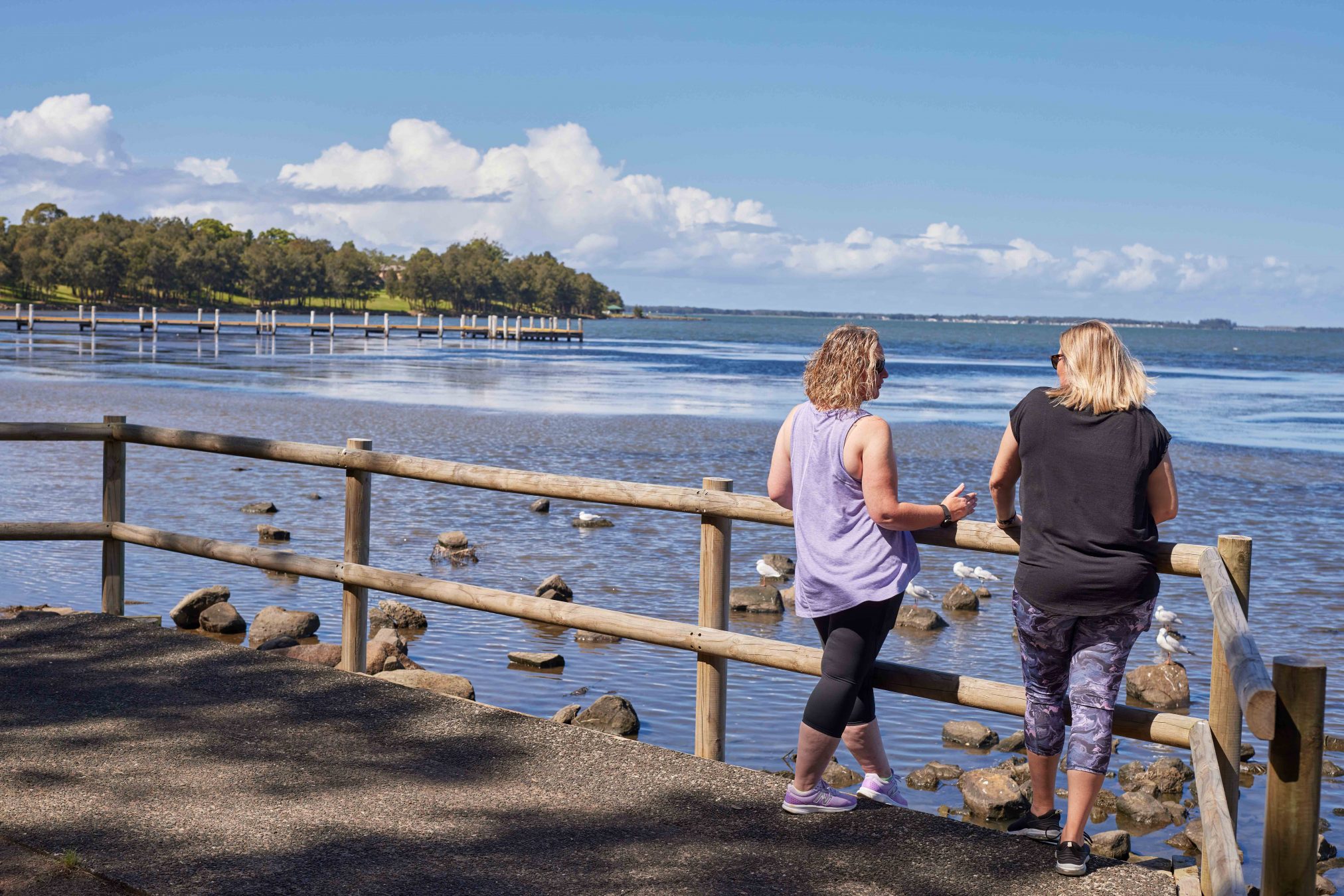 Two women talking while looking at a lake. There are rocks and seagulls below them.